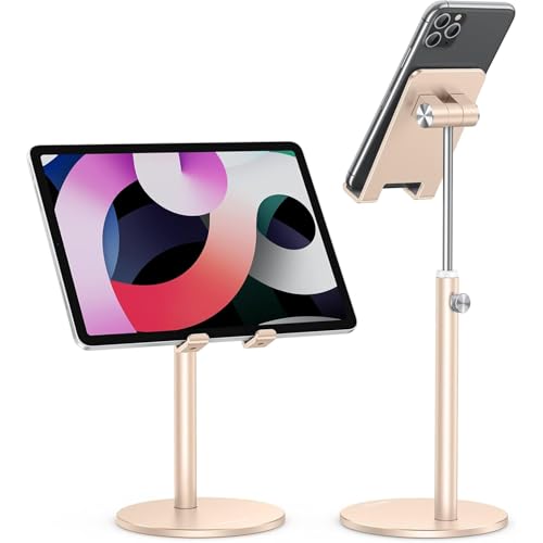 OMOTON Cell Phone Stand, Angle Height Adjustable Phone Stand, Aluminum Desktop Phone Holder Dock Stand for Desk, Compatible with iPhone 17 Pro Max, All Smartphones and Tablets(4-11''),Gold - color: Gold