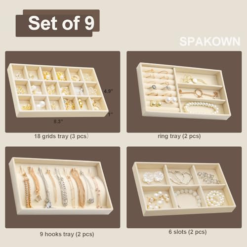 SPAKOWN Jewelry Trays Organizer for Drawer, 9 Set of Small Jewelry Display Case Storage Velvet Stackable Drawer Inserts Organizer for Necklaces Bracelets Earrings Rings (Beige) - color: Beige