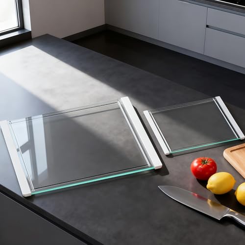Tempered Glass Cutting Board Set for Kitchen Counter - Dishwasher Safe with Juice Grooves, Non-Slip Silicone Edges & Beveled Grip - 16"x12" & 12"x8" Serving Tray (White-2PCS) - color: White-2PCS