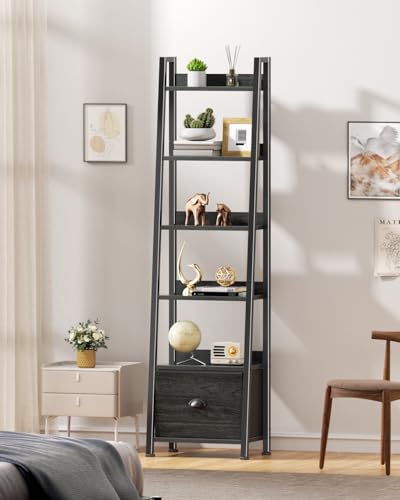 Furologee 6 Tier Ladder Shelf,Ladder Bookshelf with Drawer,Industrial Tall Bookcase,Storage Rack Organizer,Wood Metal Freestanding Shelves for Living Room, Home Office, Bedroom,Black Oak - color: Black Oak, size: 6-Tier, 15" W