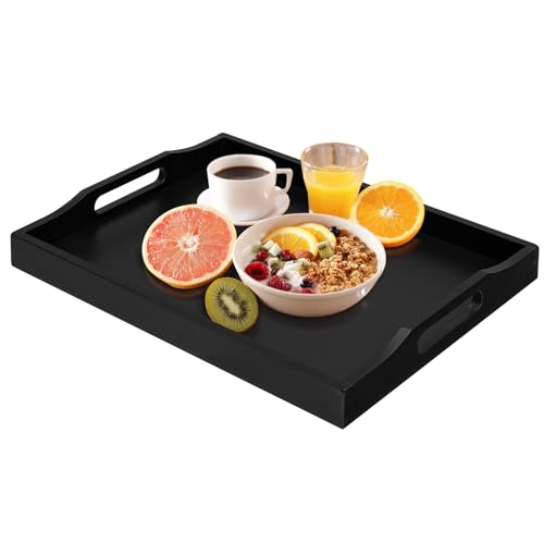Bamboo Food Serving Tray with Handles, Breakfast Bed Tray for Tea,Snack,Dinner, Home Decorative Storage Food, Platter, Ottoman for Kitchen Counter, Bathroom, Restaurant (Black) - color: Black