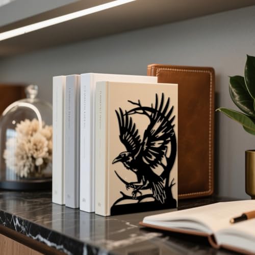 Peacoblue Metal Bookends for Shelves, Modern Decorative Heavy Duty Study Book Ends Stoppers for Office, Desk, Shelf, Room 5.3"x4.3"x7.9" Cast Iron Simple Tall Bookends 1 Pair (Moon and Crow) - style: Moon and Crow