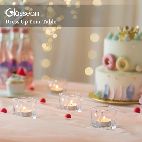 Glasseam Glass Votive Candle Holders: Set of 12 Clear Square Tealight Holder Small Tea Light Holders for Table Centerpiece Wedding Decor