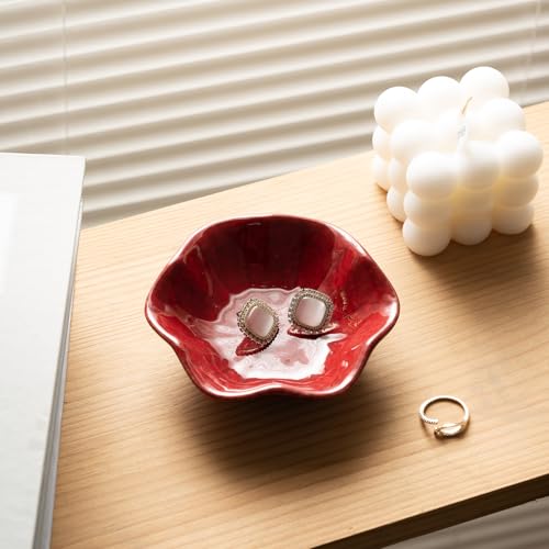 Ceramic Ring Dish, Jewelry Dish Holder, Small Trinket Tray Plate for Earrings Rings Necklaces Keys, Gift for Mom Friend Sister on Birthday Mother's Day Christmas (Red Surface) - color: Red Surface