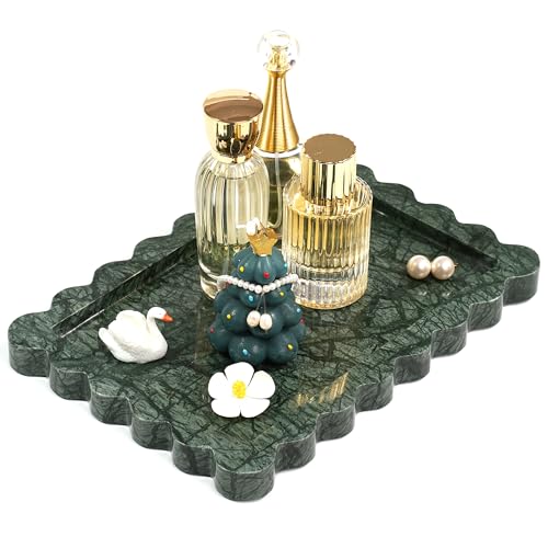Scalloped Green Marble Tray - Large Home Decorative Stone Vanity Perfume Candle Plates for Bathroom Accessories Coffee Table, Key Dish for Kitchen Countertop Entryway (10.6" x 7.4" x 0.8") - color: Scallop-green