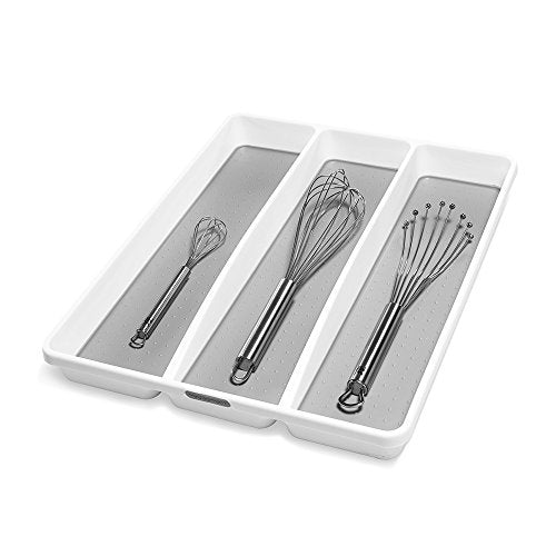 madesmart 3 Compartment Utensil Tray, Multi Purpose Storage Organizer, Non Slip Lining,Deep Storage for Ladles, Whisks & Serving Tools, for Drawers & Home Organization, White