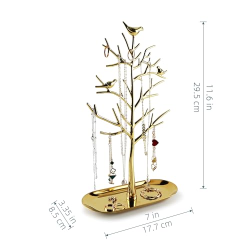 MORE&LESS Branch Jewelry Rack with metal tray,Luxury color,Tree Tower Rack Hanging Organizer for Ring Earrings Necklace Bracelet,Suitable for living rooms, bathrooms,offices,etc. - color: A Brass-Metal Tray