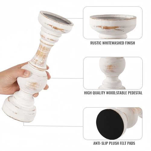 CedarLux Rustic Pillar Candle Holder, 11 Inch White Wooden Candlestick Holders, Farmhouse Candle Stands for Pillar Candle, Decorative Wood Candlestick Holders for Living Room, Table Centerpiece - size: 11"H