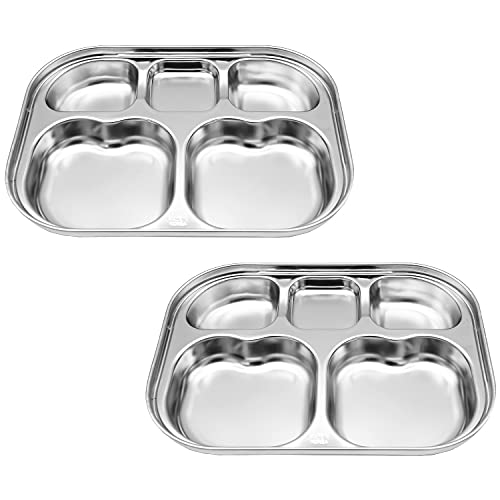 Korean Stainless Steel Divided Plates for Toddlers, Kids, Babies, Premium 304, Electro-Polished, No Black Residue, BPA-Free, 5-Compartment Food Tray, Camping, Picky Eaters, Set of 2 - size: 5 Compartments