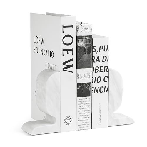 WORHE Marble Bookend for Shelves, Large Book Shelf Holder for Heavy Books, Natural Stone Book Stopper for Books CD Movies, Aesthetic Decorative Book Ends, Bookshelf Table Home Decor White (WH089) - color: White