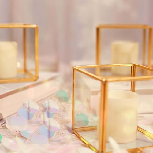 Efavormart 3-Pack Glass Tealight Votive Candle Holders 3" Square Cube Design Clear with Gold Metal Frame - Stackable (Clear, Type11) - color: Clear Glass/Gold Metal, size: 3 inches