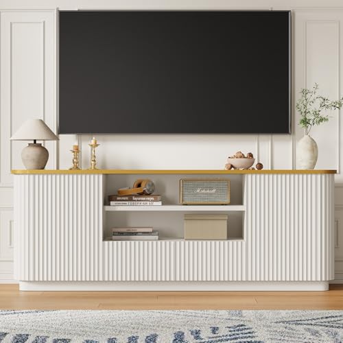 QUW 70" Fluted TV Stand for TVs Up to 80", Modern Entertainment Center with 2 Drawers & Cabinets, TV Console with Curved Profile Design, Luxury Wooden Media Console for Living Room, White - color: White