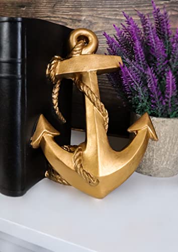 Ebros Nautical Coastal Marine Home Decor Ship Anchor and Captain's Helm Wheel Bookends Pair Set Statue 7.5" Tall in Gold Finish Decorative Office Study-Room Library Desktop Figurines