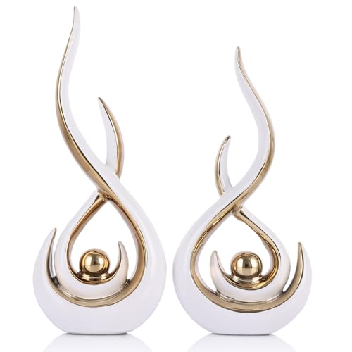 Ceramic Abstract 2 Piece Statue Set, White and Gold Home Decor Accents for Home Decor Statue Mantel Shelf Decor Unique Shelf Decor on Mantel, TV Cabinet Divider Table Top and Dining Table Centerpiece. - color: Wg