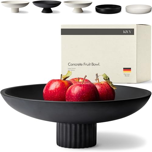 KIVY Concrete Fruit Bowl for Kitchen Counter - Large Decorative Bowl for Home Decor - Black Pedestal Bowl - Decorative Bowls for Home Decor - Black Kitchen Island Decor - color: Black, style: Ribbed