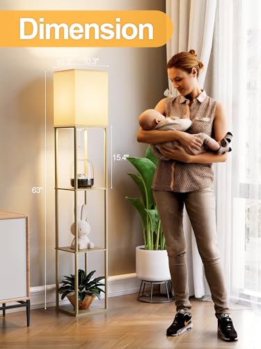 PARTPHONER Floor Lamp with Shelves for Living Room Natural Wood 2 Pack, Shelf Floor Lamp with 3 CCT LED Bulb, Corner Display Standing Column Lamp Etagere Organizer Tower Nightstand for Bedroom Office - color: Natural Wood