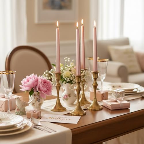 10 Inch Metal Taper Candles Handmade Set of 4 – Unscented Tapered Candles in Champagne, Candlesticks Smokeless Candle Sticks for Wedding, Home Decor, and Dinner Parties - color: Gold Pink