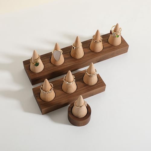 GemeShou Wooden ring organizer holder for jewelry, Stable ring display stand for boutique store, walnut base with white ring cones for jewelry selling【Ring holder-Cone 3】 - style: Three Cone