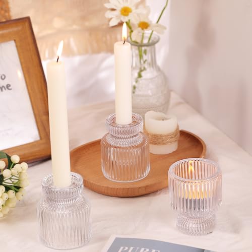 6 Pcs Clear Glass Candlestick Holders with Vertical Stripes - Dual-Use for Taper Candles & Votive/Tea Lights, Taper Candle Holders for Dining Table, Wedding, Home, Party Decor, Gifts (Pack of 2) - color: Clear, size: 6Pcs (Pack of 2)