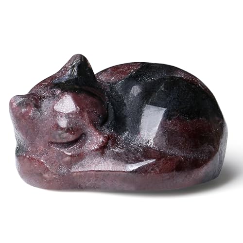 QINJIEJIE Red Cat Crystal Statue Healing Crystal Sleeping Cat Gemstones Decor Cute Kitten Figurines Gift Crystals Home Office Desk Decor for Lovers Men Women - color: L-garnet, size: 1.5 inches
