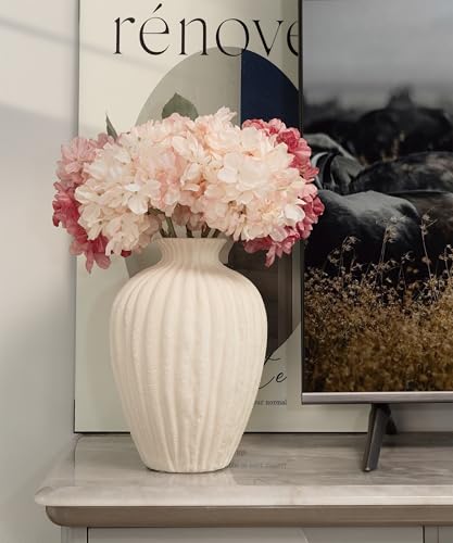 Handmade Ceramic Decorative Vase – Warm White Rustic Textured 10.4” Round Vase with Irregular Waves and Weathered Stone Finish for Home, Office, Farmhouse Decor - size: Large