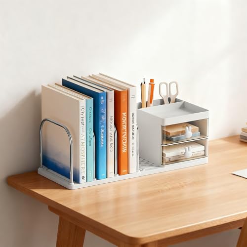 Desk Organizer with 2 Drawer, Desktop File Organizer with 4 Bookends, with Pen Holder, for Home Office School Supplies