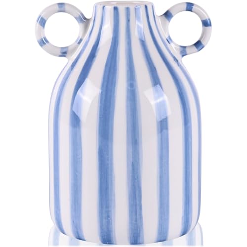 Blue and White Ceramic Vase with Handle, Nordic Boho Small Vases Side Table Flower Centerpiece, Wide Mouth Single Flower Vase Pampas Grass Decorative - for Home Window Sill Living Dining Room Kitchen - color: Blue and White