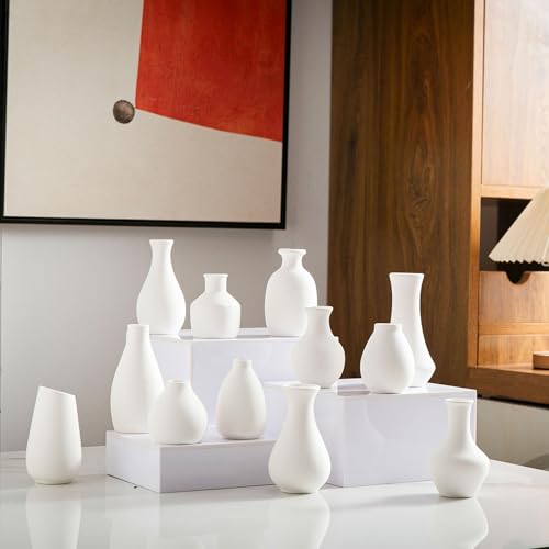 White Bud Vases, Ceramic Small Vase Set of 12, Mini Vases for Fresh and Dried Flowers, Modern Home Decor, Pottery Table Centerpiece - color: 01 White - 12 Pcs