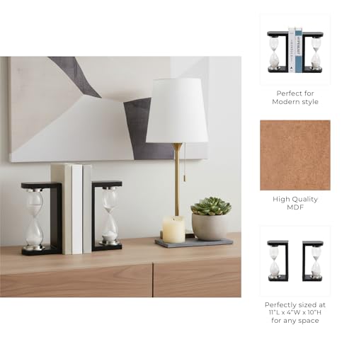 Decorative Hourglass Bookends for Bookshelf Decor - Elegant Book Ends for Book Accessories, Shelf, or Office Decor - Modern Desk Decor, Home Library, or Console Table Decor - Set of 2, 10", Black