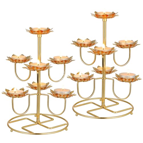 HOMSFOU Vintage Lotus Candle Holder Set 2Pcs Metal Tea Light Holders 9.05In for Buddhist Temple Home Decor Meditation Yoga Candle Stand