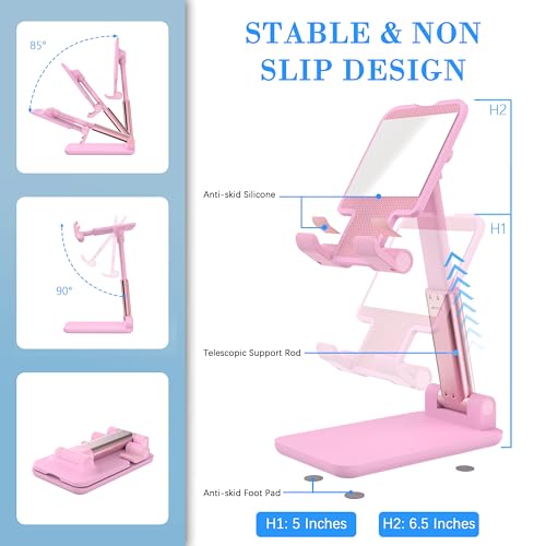 Cell Phone Stand, Adjustable Angle and Height Cell Phone Holder for Desk, Foldable and Portable, Anti-Slip Silicone Pad, Compatible with All Mobile Phones and 4-8 Inch Devices, Pink - color: Pink