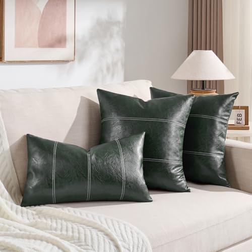 Fancy Homi 2 Packs Olive Green Faux Leather Decorative Throw Pillow Covers 18x18 Inch for Couch Bed Sofa, Modern Farmhouse Boho Home Decor, Dark Green Hand Stitched Accent Square Cushion Case 45x45 cm - color: Dark Green, size: 18" x 18" (Pack of 2)