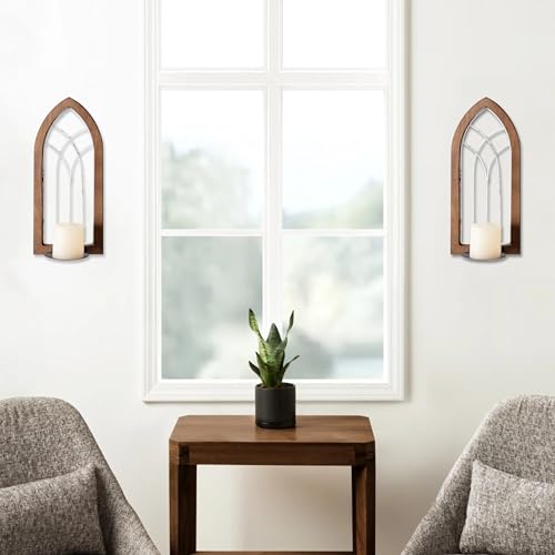 SOFE Farmhouse Wall Candle Holder, Rustic Candle Sconces Set of Two Arch Cathedral Window Decor, Wall Mounted Pillar Candle Holders for Living Room, Bedroom, Hallway, Brown