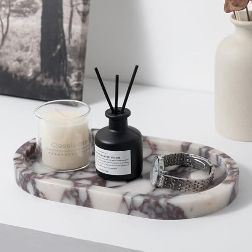 Natural Calacatta Viola Marble Tray 10"x6" - Non-Resin Bathroom Vanity Organizer & Kitchen Decor | Waterproof Oval Stone Serving Dish (Purple Portoro) - style: Calacatta Viola - 1 Pack