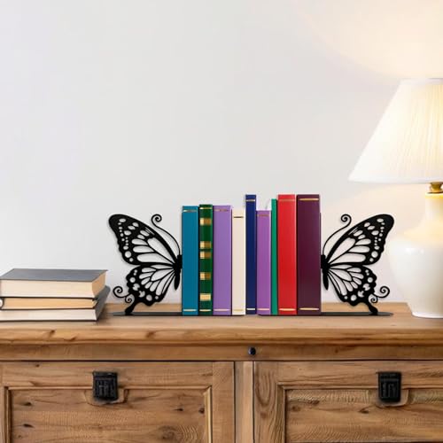 Metal Butterfly Bookends Cute Book Ends for Home Office Decor Bookshelf Decor Accessories Ideal Gift for Book Lovers(Black)