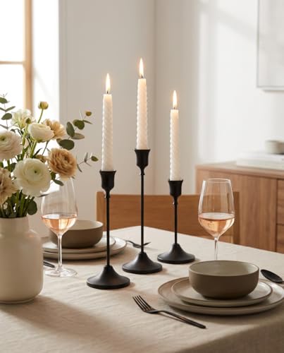 Black Taper Candle Holders Set of 3, Metal Vintage Candlestick Stands for Dining Table Centerpiece, Wedding Decor, Fireplace Mantel, Housewarming Gift - color: Black