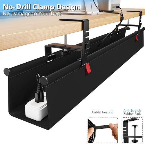 Litwaro Under Desk Cable Management Tray No Drill, 36" Cord Organizer with Clamp for Standing Desk, Premium Fabric Cable Tray with Wire Management for Office Home, Black - color: Black, size: Large (36"L x 5.9"W)
