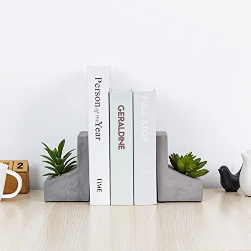 MyGift Decorative Bookends for Heavy Books, Book Ends with Planted Artificial Succulent Plants, Book Stands for Shelves Desktop, 1 Pair, L-Shaped Concrete - color: Artificial Succulent