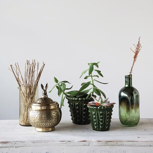 Round Hammered Metal Container with Rabbit Finial, Brass Finish - style: Rabbit
