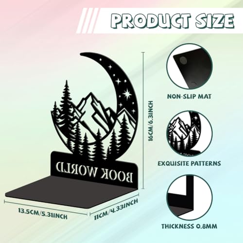 Peacoblue Metal Bookends for Shelves, Modern Decorative Heavy Duty Study Book Ends Stoppers for Office Desk Shelf Room 5.3"x4.3"x6.3" Cast Iron Simple Bookends 1 Pair (Mountain and Forest with Moon) - style: Mountain and Forest with Moon