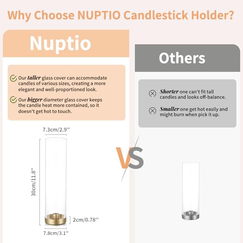 NUPTIO Hurricane Glass Candle Holders: 6 Pcs Gold Metal Taper Candlesticks Holder with 11.81 inch Long Clear Bottomless Cylinder Cover Stands for Wedding Anniversary Bridal Shower Table Centerpiece - color: Gold, size: 11.81"H - 6 Pcs