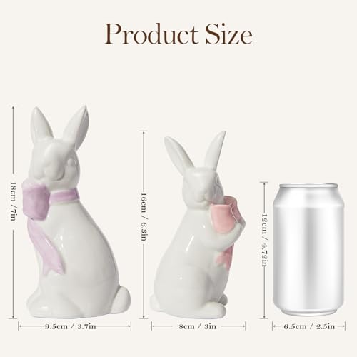 WDS WONDROUS 2PCS Easter Decoration Bunny Decor - Spring Easter White Rabbit Sculpture, Ceramic Statues with Bow for Farmhouse Home Decor Tabletop Shelf Mantel Dining Table Centerpiece