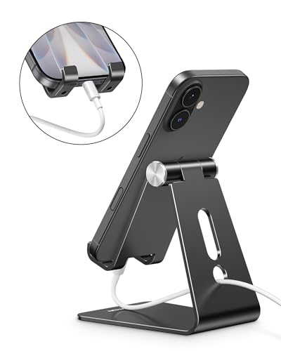 OMOTON Adjustable Cell Phone Stand, C2 Aluminum Desktop Phone Holder Dock Compatible with iPhone 15 14 13 Xs XR 8 Plus 7 6, Samsung Galaxy, Google Pixel, Android Phones, Black - color: Black