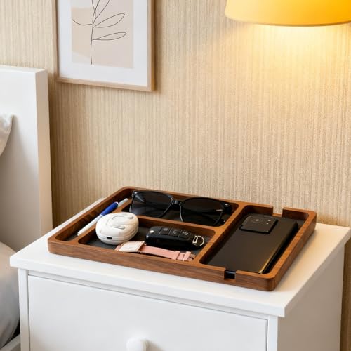 Sandalwood Wooden Valet Trays, Wood Nightstand Desk Organizer with Leather Inlay EDC Essentials Catch All Tray for Keys, Phone, Jewelry, Watch,Glasses (11.6 x 7.9 x 0.8 Inch)