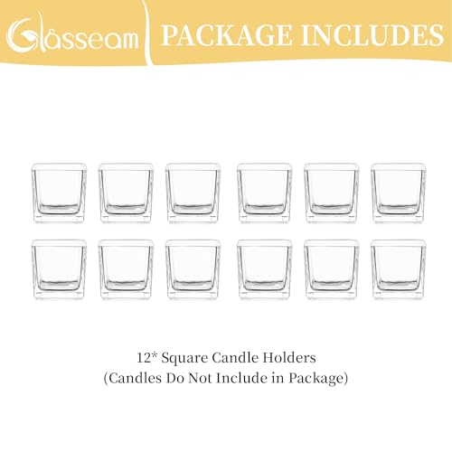 Glasseam Glass Votive Candle Holders: Set of 12 Clear Square Tealight Holder Small Tea Light Holders for Table Centerpiece Wedding Decor