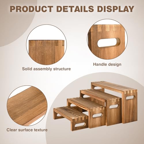 8 Pcs Wood Risers Display Stands, 2 Set Wooden Risers for Table Display, 4 Tier Rectangular Riser Display Stand Wooden for Cupcake, Desserts, Perfume, Collections, Jewelry Showcase