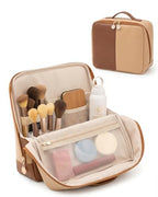 Large Standing Makeup Bag, Sturdy PU Leather Cosmetic Organizer with Fold-Down Phone Tray, Waterproof Travel Toiletry Case with Wipeable TPU Brush Holder, 9.5 Inch, Brown - color: Brown