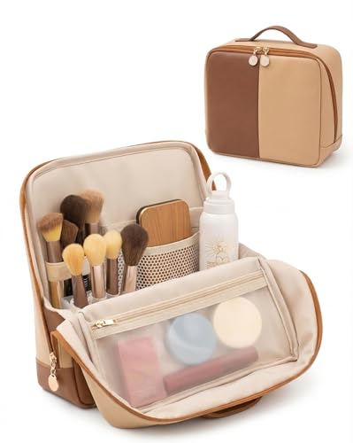 Large Standing Makeup Bag, Sturdy PU Leather Cosmetic Organizer with Fold-Down Phone Tray, Waterproof Travel Toiletry Case with Wipeable TPU Brush Holder, 9.5 Inch, Brown - color: Brown