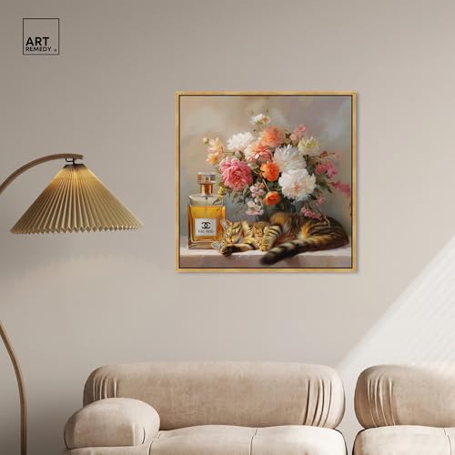 Art Remedy Cat Floral Vase Perfume Canvas Fashion Pet Art, Gold Frame, 30" x 30" - color: Gold Frame, size: 31"L x 31"W