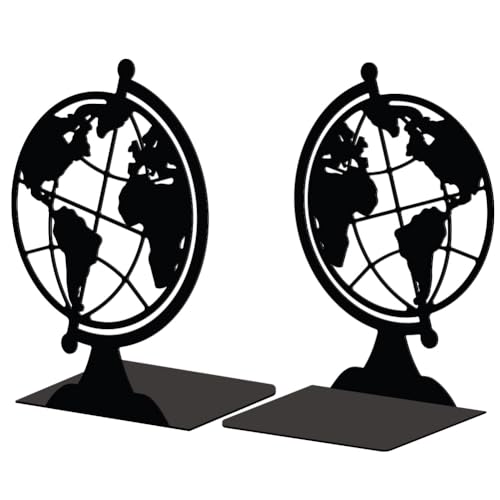 Peacoblue Metal Bookends for Shelves, Modern Decorative Heavy Duty Study Book Support Stoppers for Office, Desk, Shelf, Room 5.3"x4.3"x7.4" Cast Iron Simple Tall Bookends, 1 Pair (Globe) - style: Globe